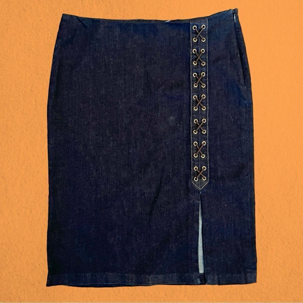 Y2K Ralph Lauren denim pencil skirt with lace up detail